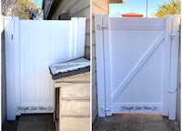 two pictures of a white gate with a sign on it