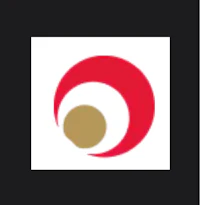 a red and gold logo with a circle in the middle