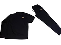 a black sweatshirt and jogging pants