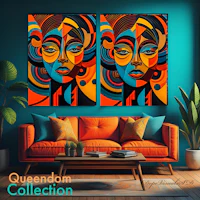 a living room with two paintings on the wall