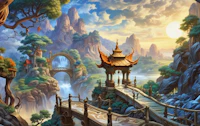 a painting of an asian landscape with a bridge and waterfall