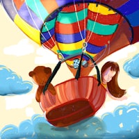 a girl in a hot air balloon with a teddy bear