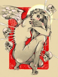 a drawing of a woman with wings and skulls