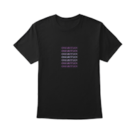 a black t - shirt with purple letters on it