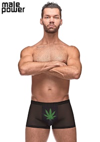 a man in a black boxer shorts with a marijuana leaf on it
