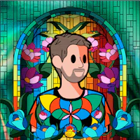 a cartoon of a man in front of a stained glass