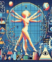 a pixel art image of a woman with various objects around her