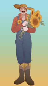 an illustration of a farmer holding sunflowers