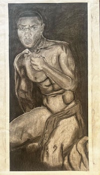a drawing of a naked man sitting on the ground