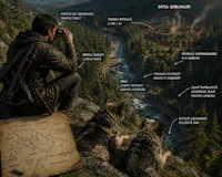 a man is looking at a map with a man and a wolf