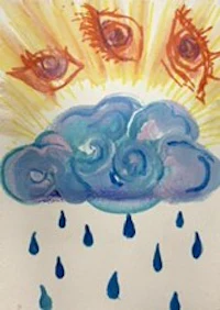 a painting of a cloud with two eyes and a sun