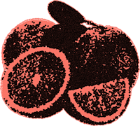 a black and white image of two oranges on a pink background