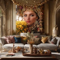 a living room with a large painting of a woman's face