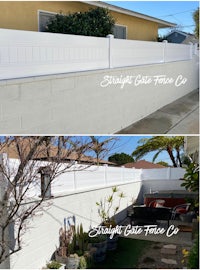 two pictures of a white fence in front of a house