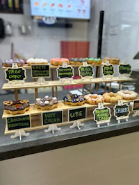 a display of donuts on a counter