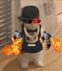 a cat wearing a hat and holding two guns