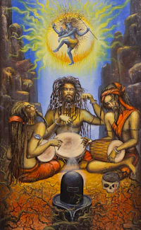 a painting of a group of men playing drums