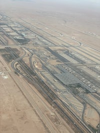 an aerial view of an airport in the desert