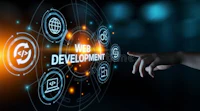 a hand pointing at a web development icon on a screen stock photos