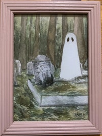 a painting of a ghost in a graveyard