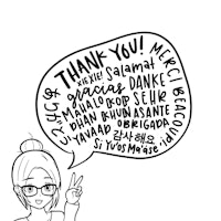 a girl with glasses and a speech bubble saying thank you