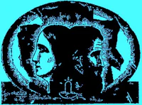 a black and blue illustration of a man and a woman in a circle