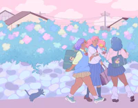 a group of girls are walking down a street