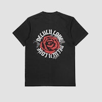 a black t - shirt with a red rose on it