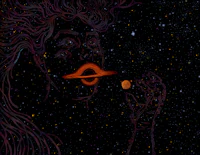 a drawing of a woman with a saturn in her mouth