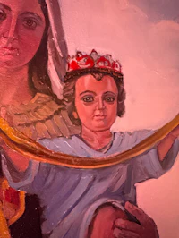 a painting of jesus and a child holding a crown