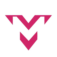 a pink and white logo with the letter v