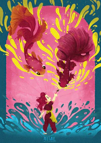 an illustration of a girl and a fish in the water