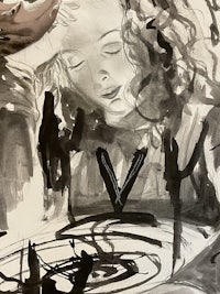a black and white drawing of a woman laying on a bed