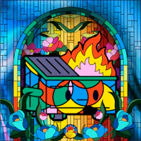 a stained glass window with an image of a fire truck