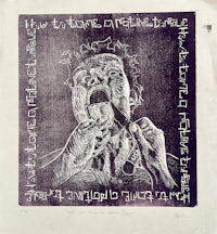 a drawing of a man with a knife in his mouth