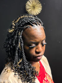 a woman with braided hair in front of a black background