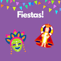 a purple background with two colorful masks and a banner with the words fiestas