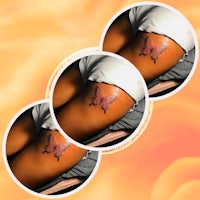 three pictures of a woman with a butterfly tattoo on her arm