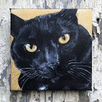 an oil painting of a black cat with yellow eyes