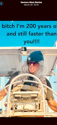 a woman on a boat with the text bitch i'm 200 years old and still faster than you