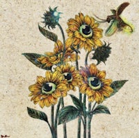 a painting of sunflowers and a hummingbird