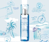 a bottle of water with a bottle of lotion on it