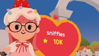 a cartoon girl with glasses and a hat is standing in front of a heart