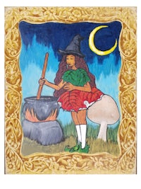 a painting of a witch with a pot on her back