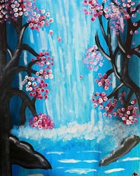a painting of a waterfall with pink blossoms