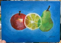 a painting of a lemon and a pear