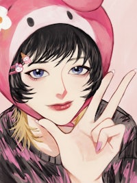 a girl in a pink hat making a peace sign