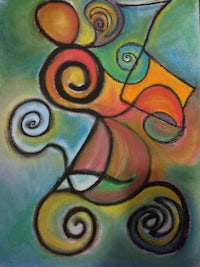 a colorful painting of a man riding a bike
