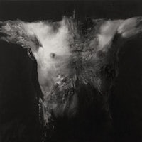 a black and white painting of a man's chest