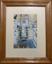 a drawing of a kitchen with a stove and oven